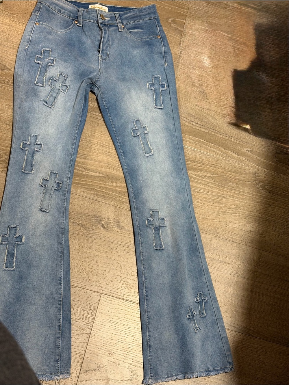 BAMBOO Light Blue Cross-Appliqué Flare Jeans